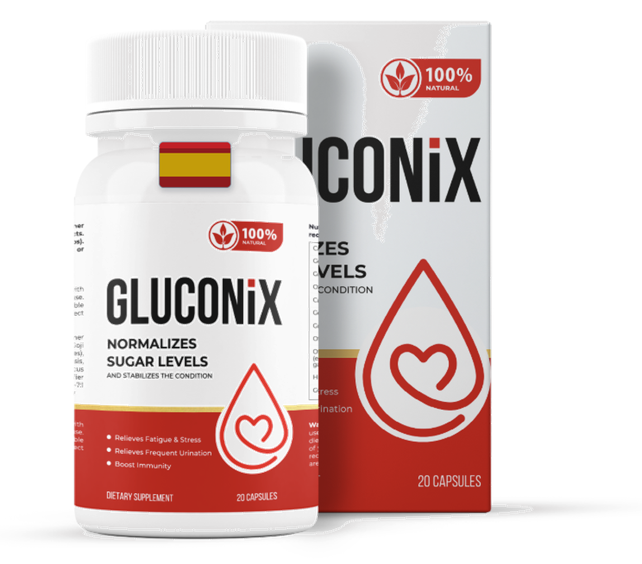 Gluconix — frasco y caja del complemento alimenticio, 20 cápsulas, con bandera española