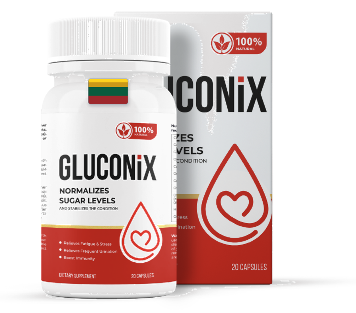 Gluconix — maisto papildo buteliukas ir dėžutė, 20 kapsulių, su Lietuvos vėliava